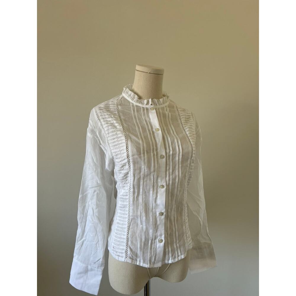 Mango White Pintuck Ruffle Blouse Cottagecore Romantic Victorian